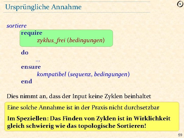 Ursprüngliche Annahme sortiere require zyklus_frei (bedingungen) do . . . ensure kompatibel (sequenz, bedingungen)