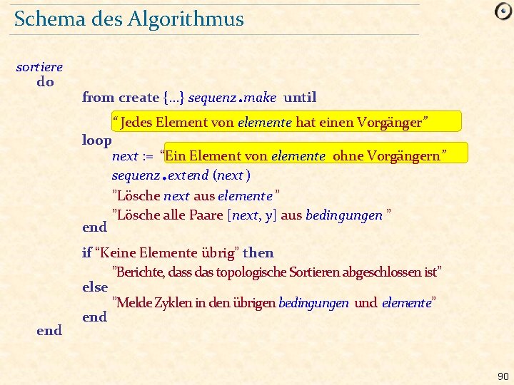 Schema des Algorithmus sortiere do . from create {. . . } sequenz make