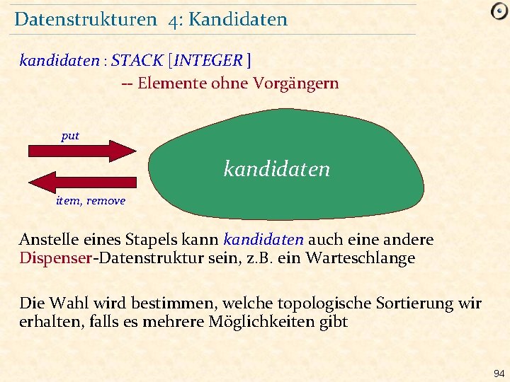 Datenstrukturen 4: Kandidaten kandidaten : STACK [INTEGER ] -- Elemente ohne Vorgängern put kandidaten