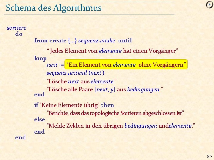 Schema des Algorithmus sortiere do . from create {. . . } sequenz make