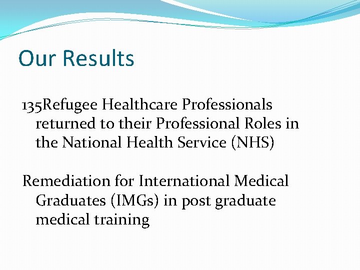 Our Results 135 Refugee Healthcare Professionals returned to their Professional Roles in the National