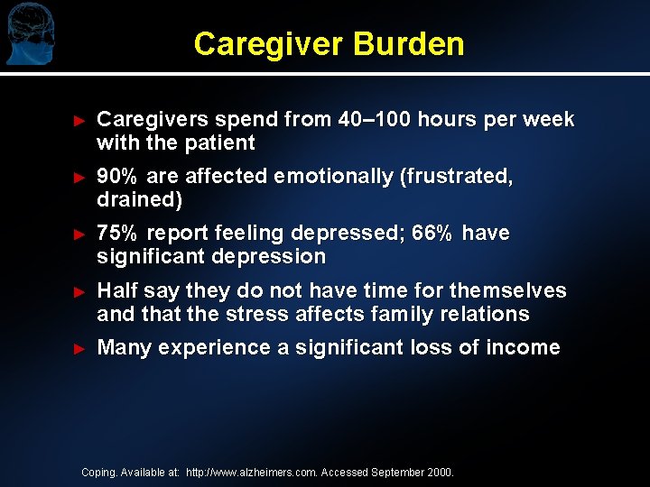 Caregiver Burden ► Caregivers spend from 40– 100 hours per week with the patient