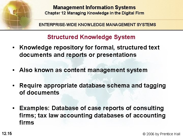 Management Information Systems Chapter 12 Managing Knowledge in the Digital Firm ENTERPRISE-WIDE KNOWLEDGE MANAGEMENT Management Information Systems Chapter 12 Managing Knowledge in the Digital Firm ENTERPRISE-WIDE KNOWLEDGE MANAGEMENT