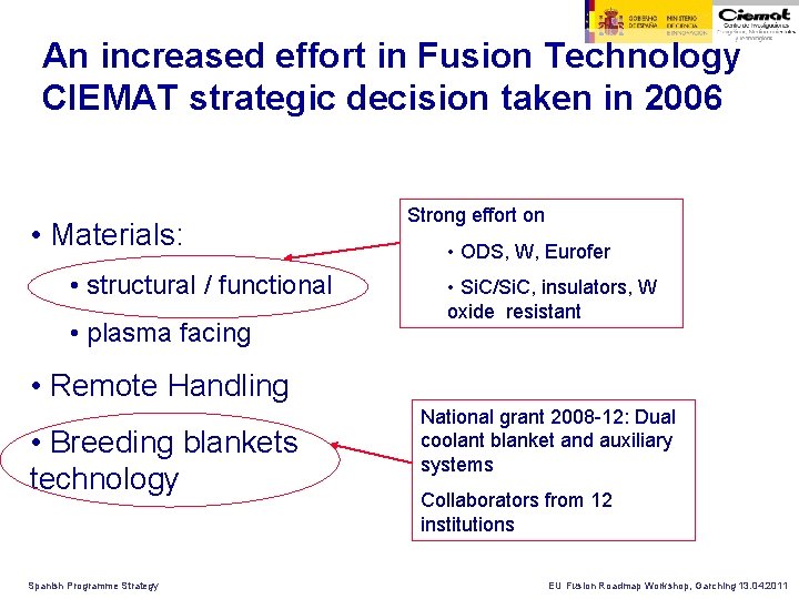 An increased effort in Fusion Technology CIEMAT strategic decision taken in 2006 • Materials: