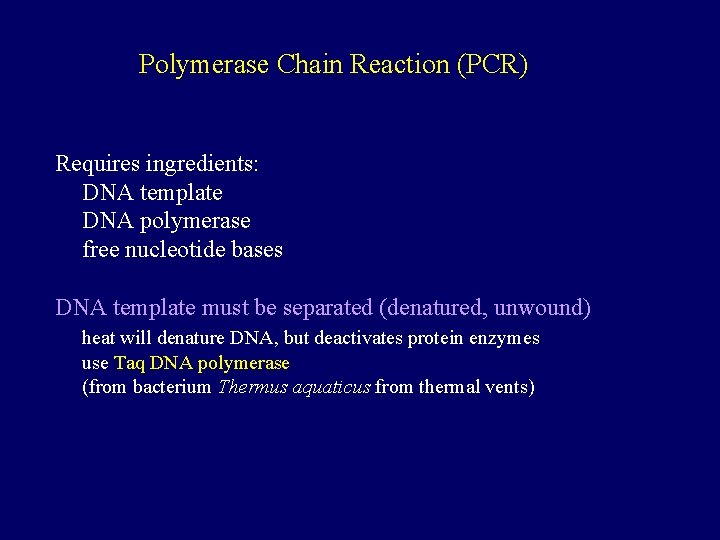 Polymerase Chain Reaction (PCR) Requires ingredients: DNA template DNA polymerase free nucleotide bases DNA