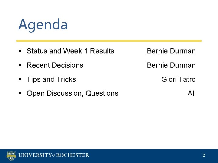 Agenda § Status and Week 1 Results Bernie Durman § Recent Decisions Bernie Durman