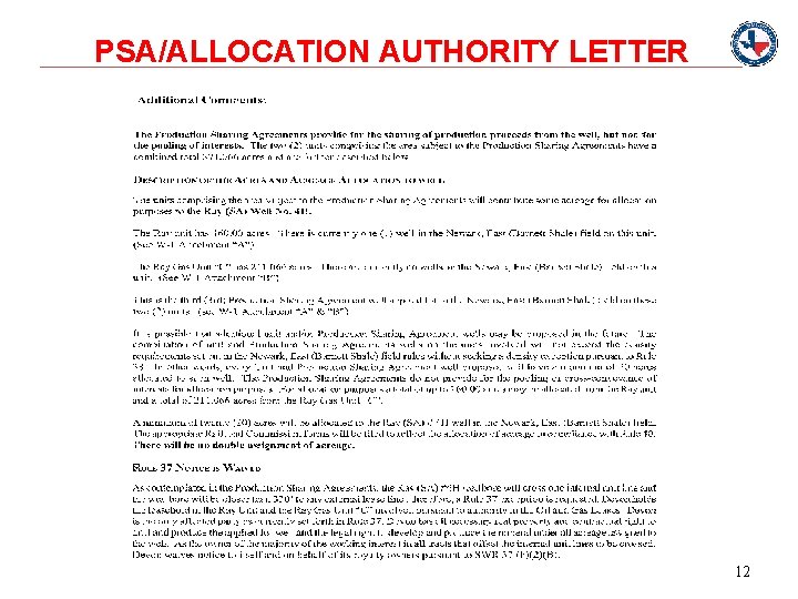 PSA/ALLOCATION AUTHORITY LETTER 12 