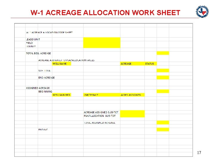 W-1 ACREAGE ALLOCATION WORK SHEET 17 