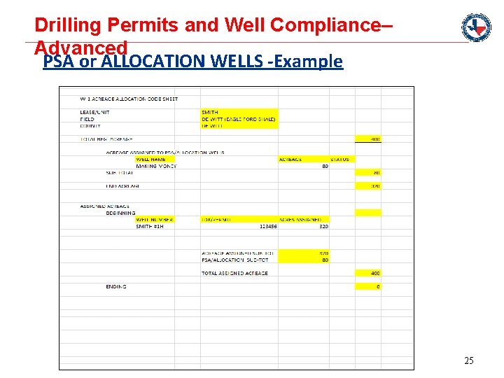 Drilling Permits and Well Compliance– Advanced PSA or ALLOCATION WELLS -Example 25 