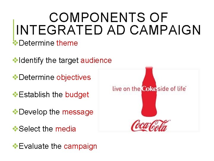 COMPONENTS OF INTEGRATED AD CAMPAIGN v. Determine theme v. Identify the target audience v.