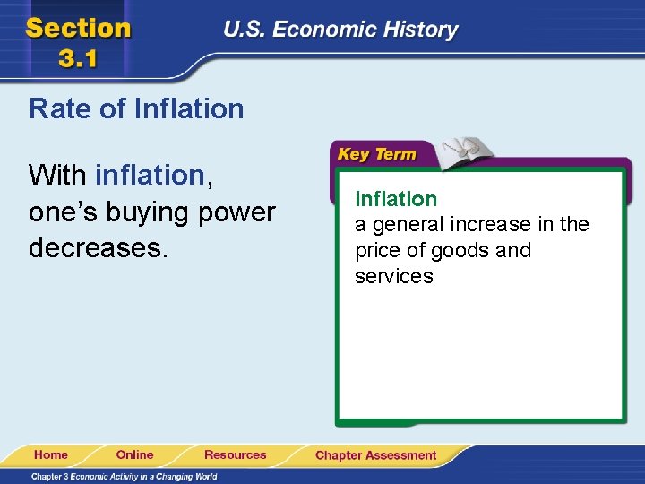 Rate of Inflation With inflation, one’s buying power decreases. inflation a general increase in