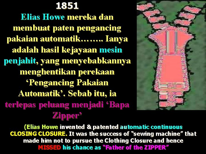 1851 Elias Howe mereka dan membuat paten pengancing pakaian automatik……. . Ianya adalah hasil