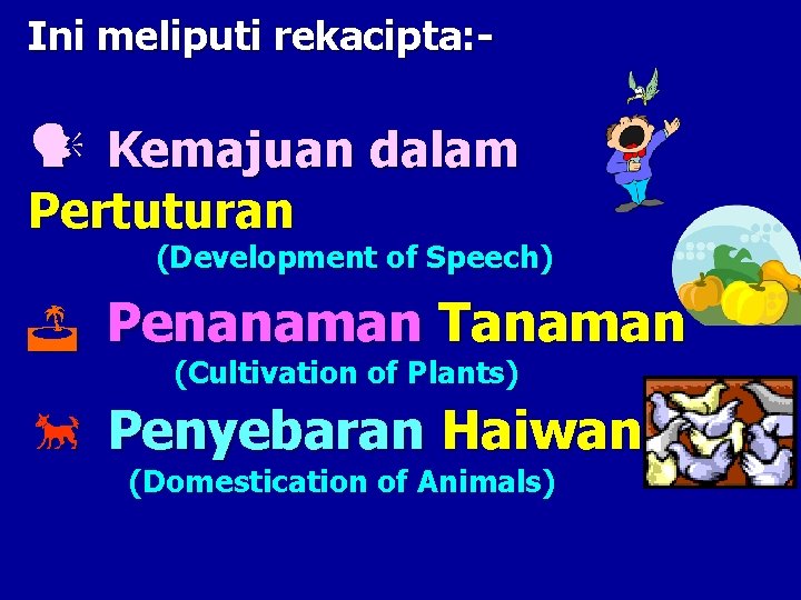 Ini meliputi rekacipta: - Kemajuan dalam Pertuturan (Development of Speech) J Penanaman Tanaman (Cultivation