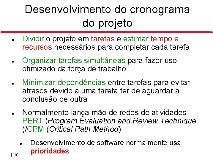 Desenvolvimento do cronograma do projeto Dividir o projeto em tarefas e estimar tempo e