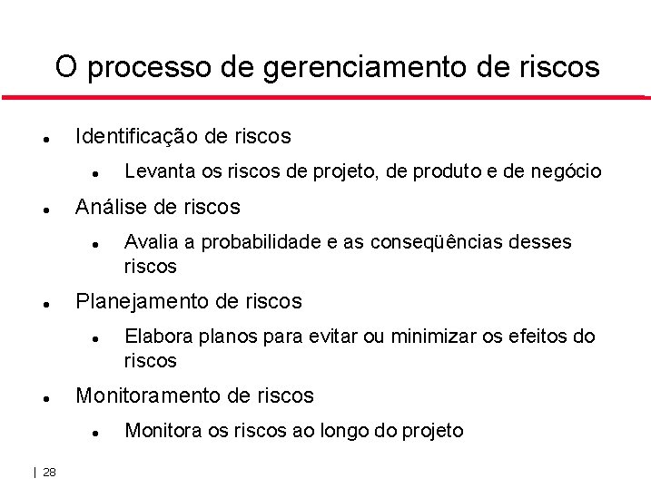 O processo de gerenciamento de riscos Identificação de riscos Análise de riscos Elabora planos