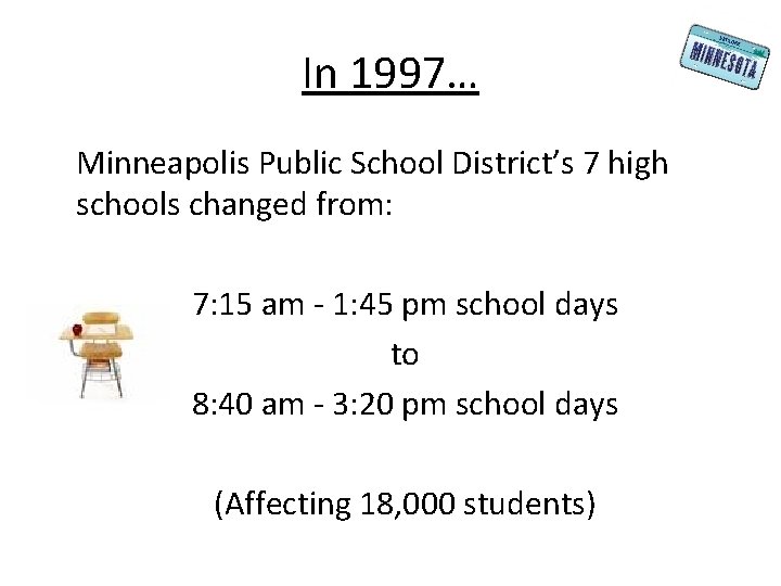 In 1997… Minneapolis Public School District’s 7 high schools changed from: 7: 15 am