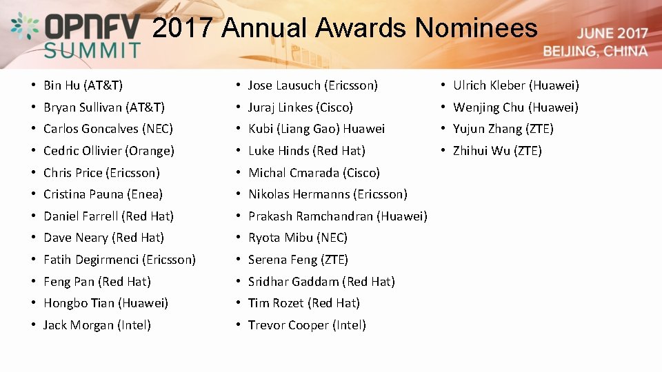 2017 Annual Awards Nominees • Bin Hu (AT&T) • Jose Lausuch (Ericsson) • Ulrich