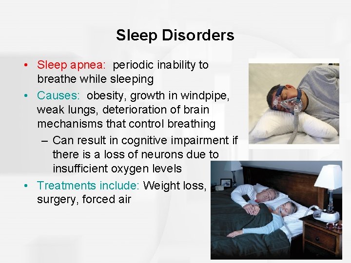 Sleep Disorders • Sleep apnea: periodic inability to breathe while sleeping • Causes: obesity,