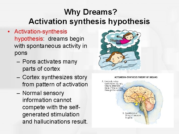 Why Dreams? Activation synthesis hypothesis • Activation-synthesis hypothesis: dreams begin with spontaneous activity in