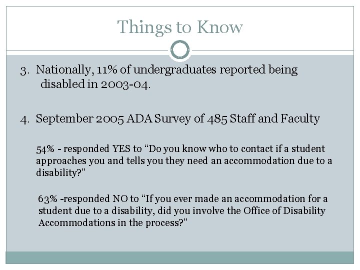 Things to Know 3. Nationally, 11% of undergraduates reported being disabled in 2003 -04.