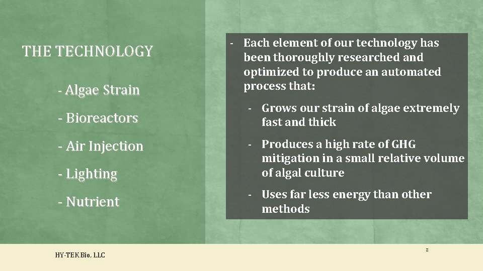 THE TECHNOLOGY - Algae Strain - Bioreactors - Each element of our technology has
