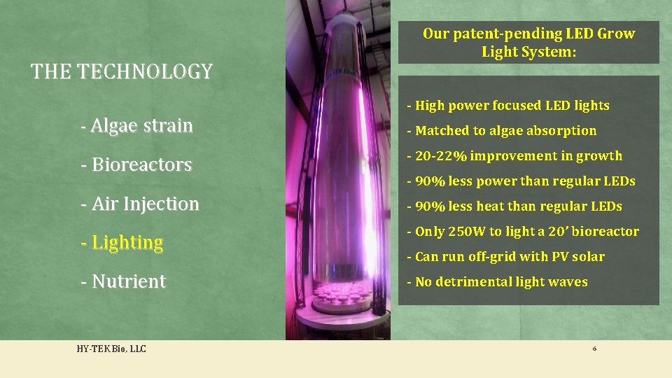 THE TECHNOLOGY - Algae strain - Bioreactors - Air Injection Our patent-pending LED Grow