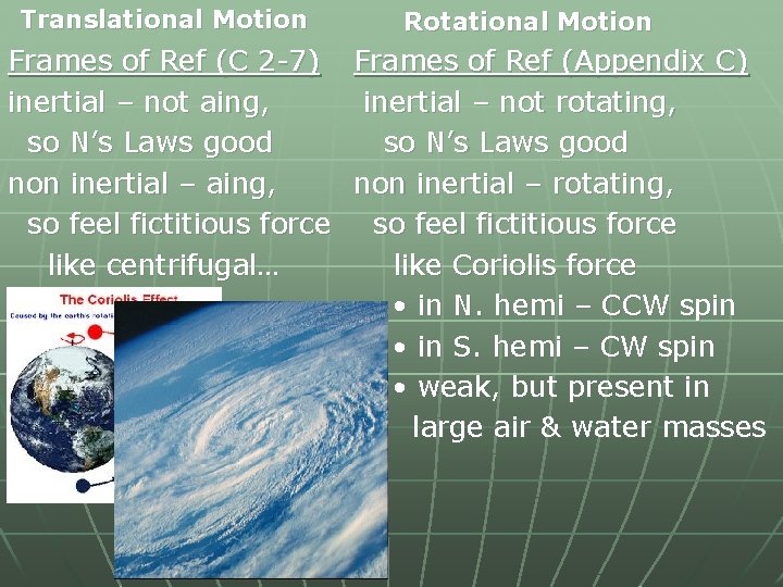 Translational Motion Rotational Motion Frames of Ref (C 2 -7) Frames of Ref (Appendix