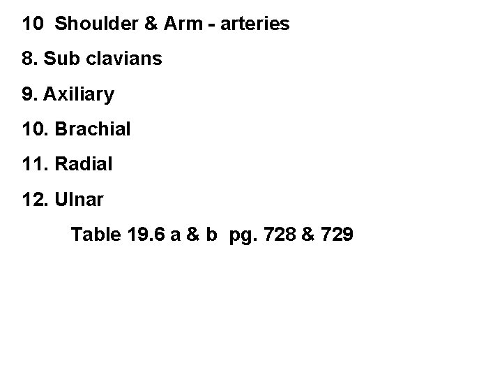 10 Shoulder & Arm - arteries 8. Sub clavians 9. Axiliary 10. Brachial 11. 10 Shoulder & Arm - arteries 8. Sub clavians 9. Axiliary 10. Brachial 11.
