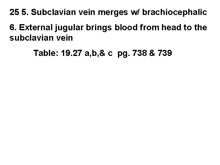 25 5. Subclavian vein merges w/ brachiocephalic 6. External jugular brings blood from head 25 5. Subclavian vein merges w/ brachiocephalic 6. External jugular brings blood from head