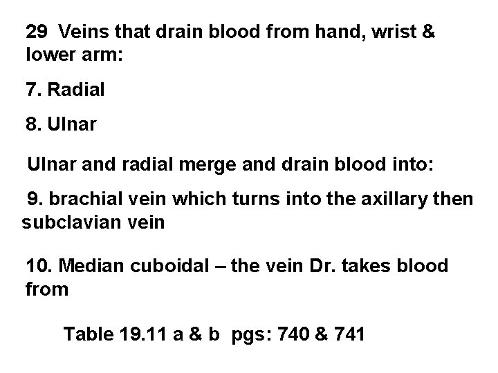 29 Veins that drain blood from hand, wrist & lower arm: 7. Radial 8. 29 Veins that drain blood from hand, wrist & lower arm: 7. Radial 8.