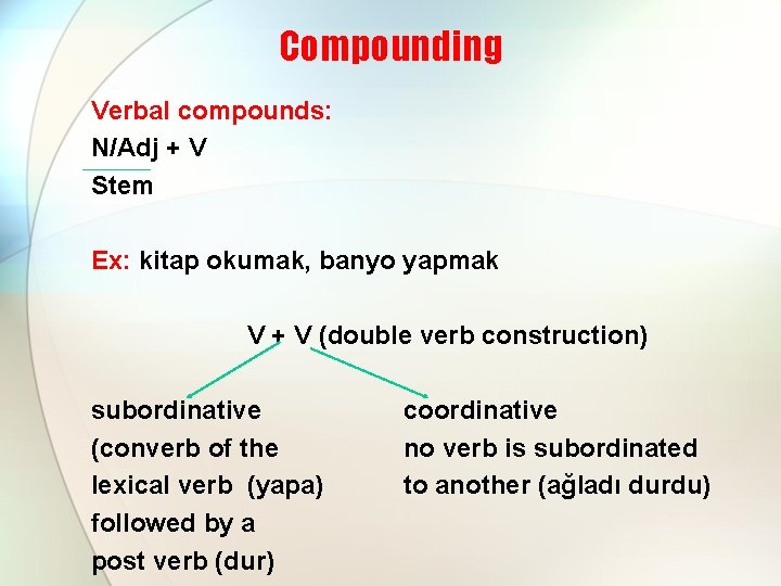Compounding Verbal compounds: N/Adj + V Stem Ex: kitap okumak, banyo yapmak V +