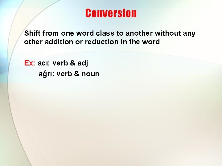 Conversion Shift from one word class to another without any other addition or reduction