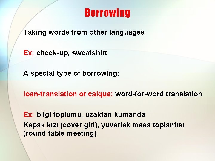 Borrowing Taking words from other languages Ex: check-up, sweatshirt A special type of borrowing: