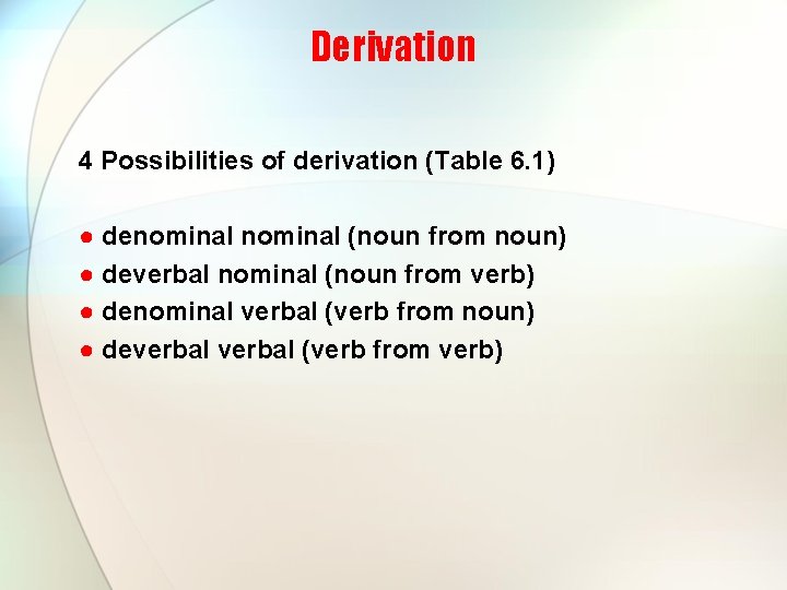 Derivation 4 Possibilities of derivation (Table 6. 1) ● denominal (noun from noun) ●