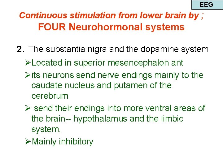 EEG Continuous stimulation from lower brain by ; FOUR Neurohormonal systems 2. The substantia