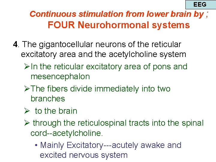 EEG Continuous stimulation from lower brain by ; FOUR Neurohormonal systems 4. The gigantocellular