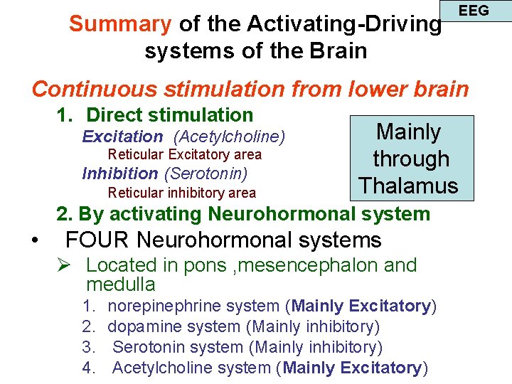 Summary of the Activating-Driving systems of the Brain EEG Continuous stimulation from lower brain