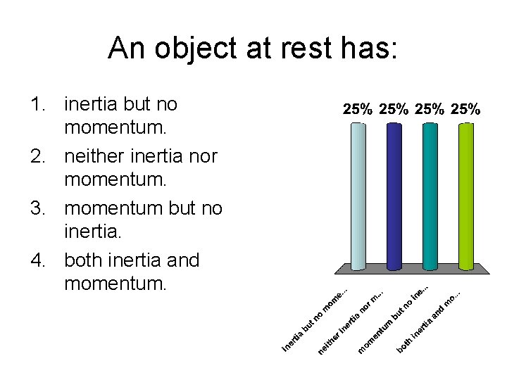 An object at rest has: 1. inertia but no momentum. 2. neither inertia nor