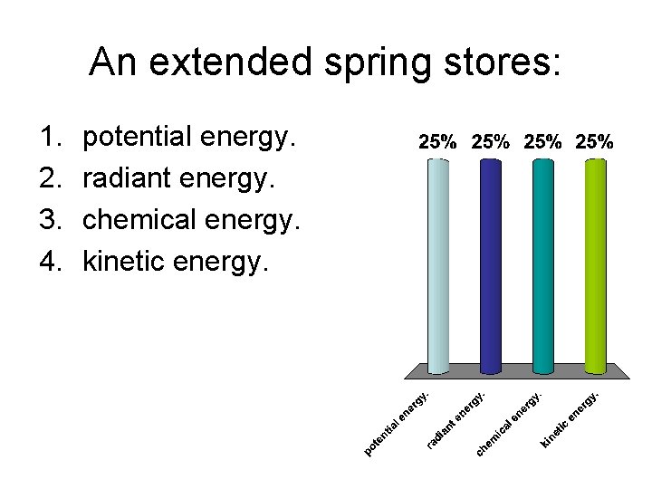 An extended spring stores: 1. 2. 3. 4. potential energy. radiant energy. chemical energy.