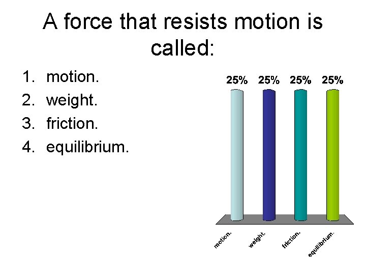 A force that resists motion is called: 1. 2. 3. 4. motion. weight. friction.