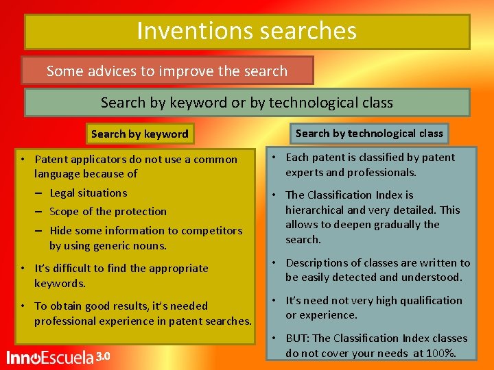 Inventions searches Some advices to improve the search Search by keyword or by technological Inventions searches Some advices to improve the search Search by keyword or by technological