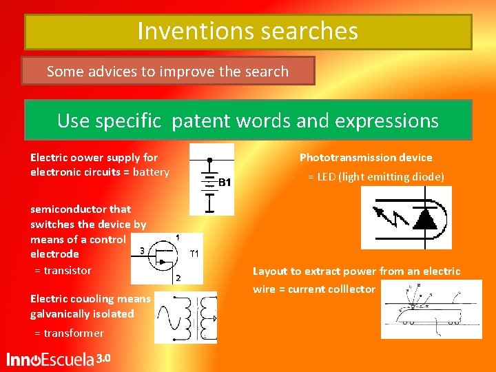 Inventions searches Some advices to improve the search Use specific patent words and expressions Inventions searches Some advices to improve the search Use specific patent words and expressions
