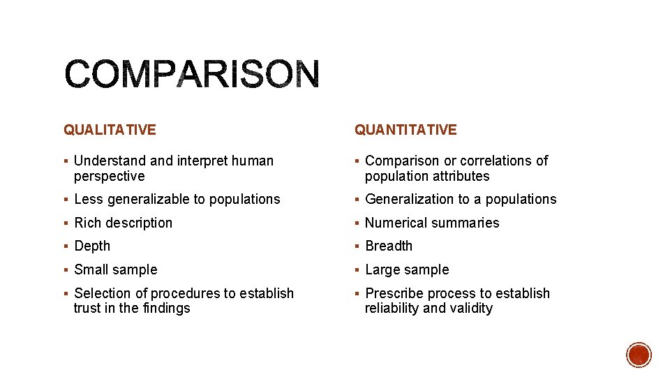 QUALITATIVE QUANTITATIVE § Understand interpret human § Comparison or correlations of § Less generalizable