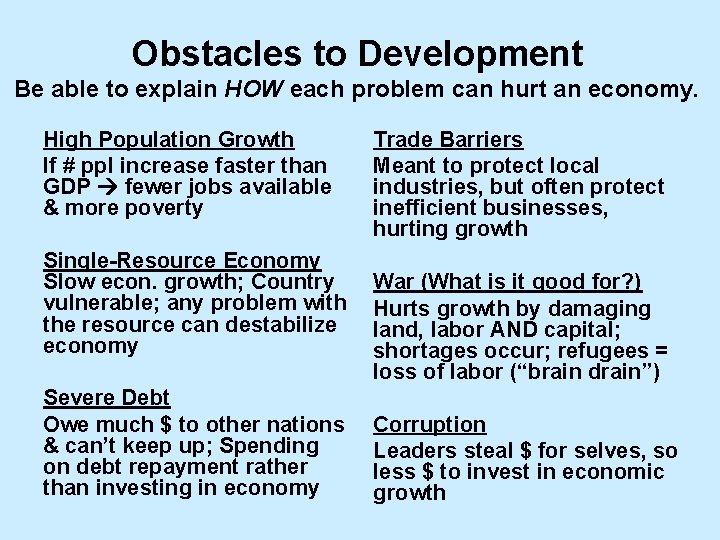 Obstacles to Development Be able to explain HOW each problem can hurt an economy.