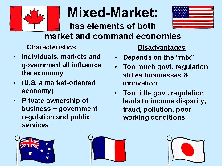 Mixed-Market: has elements of both market and command economies Characteristics • Individuals, markets and