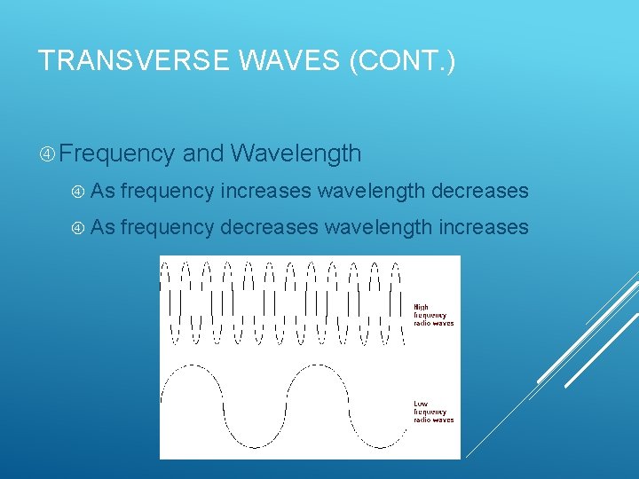 TRANSVERSE WAVES (CONT. ) Frequency and Wavelength As frequency increases wavelength decreases As frequency TRANSVERSE WAVES (CONT. ) Frequency and Wavelength As frequency increases wavelength decreases As frequency