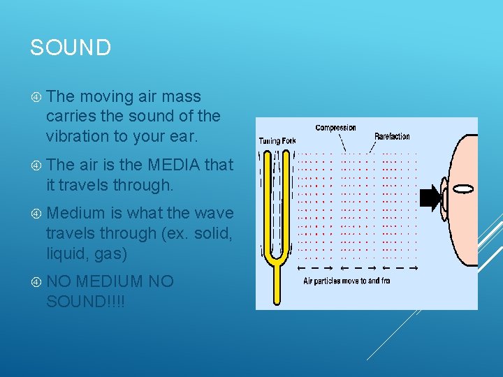 SOUND The moving air mass carries the sound of the vibration to your ear. SOUND The moving air mass carries the sound of the vibration to your ear.