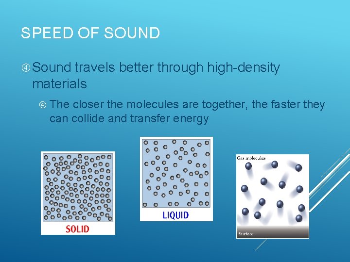 SPEED OF SOUND Sound travels better through high-density materials The closer the molecules are SPEED OF SOUND Sound travels better through high-density materials The closer the molecules are