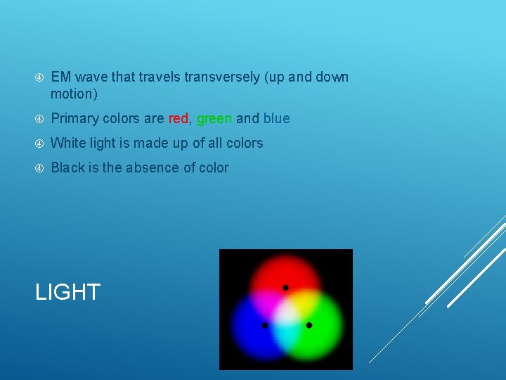 EM wave that travels transversely (up and down motion) Primary colors are red, EM wave that travels transversely (up and down motion) Primary colors are red,