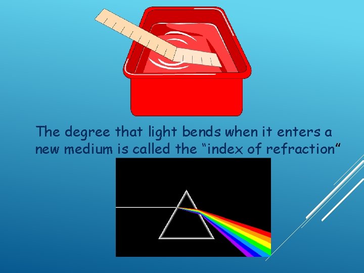The degree that light bends when it enters a new medium is called the The degree that light bends when it enters a new medium is called the